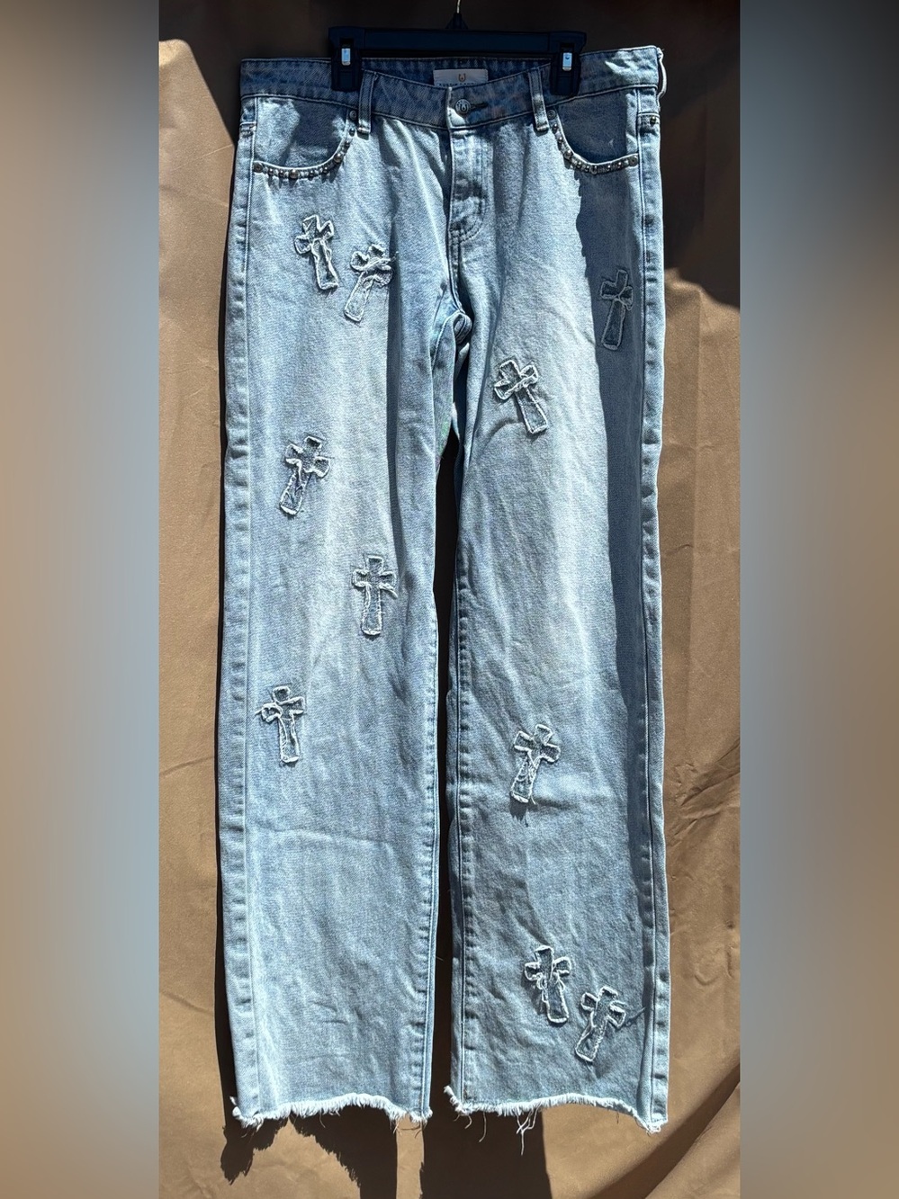 Rare Austin Landing Embroidered Cross Light Wash Midrise Straight-Leg Jeans Sz:7